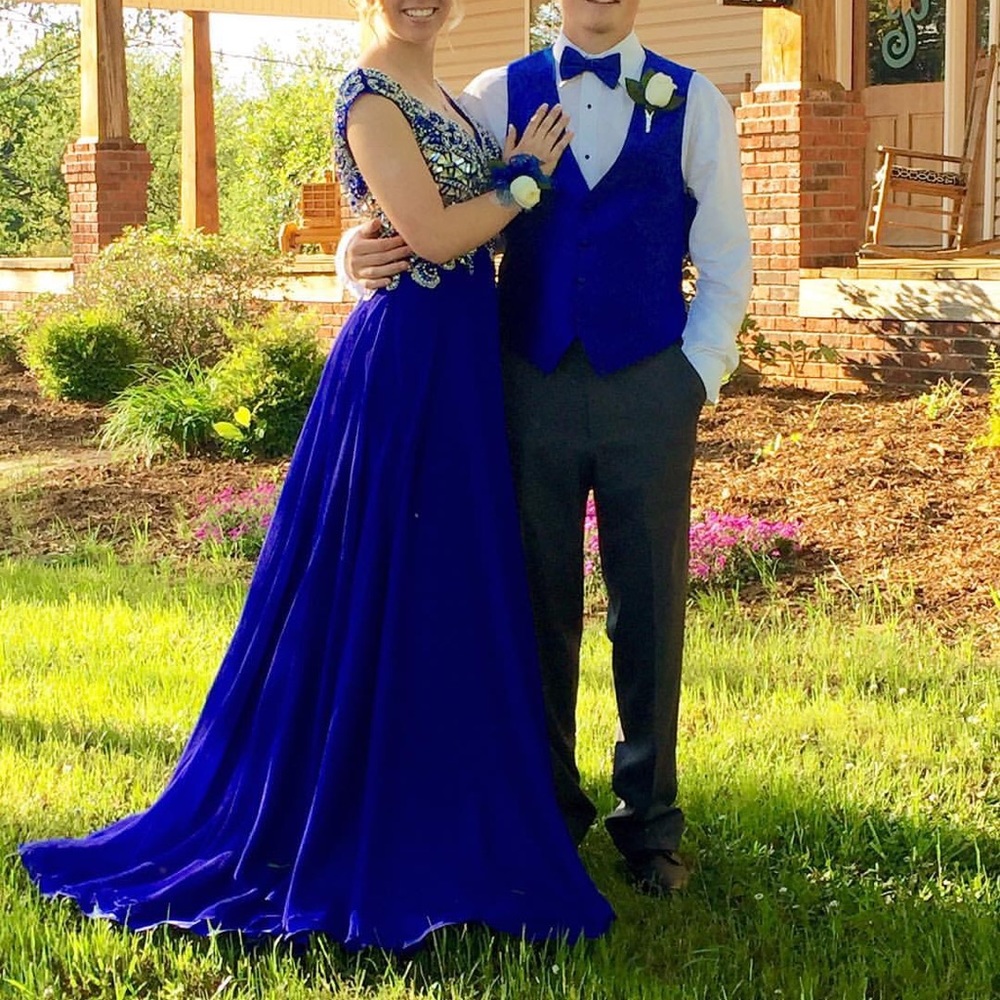 PromGirl Long V-Neck Beaded Gown